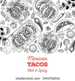 Tacos cooking and ingredients for tacos, sketch illustration. Mexican cuisine frame. Fast food menu design elements.