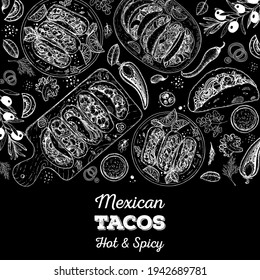 Tacos cooking and ingredients for tacos, sketch illustration. Mexican cuisine frame. Fast food menu design elements.