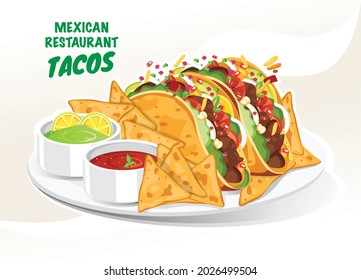 Tacos in corn tortilla, Nachos in a plate with salsa sauce Vector illustration