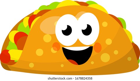 Tacos. Cute mascot with face, smile and eye. National Mexican fast food in tortilla. Traditional Spicy meal with meat and vegetables. Cartoon flat illustration