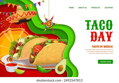 Tacos día landing page con comida y snacks de la cocina mexicana, Plantilla de Vector con fondo. Sitio web de cocina mexicana, entrega de alimentos o servicio de catering Landing page con Botones de menú