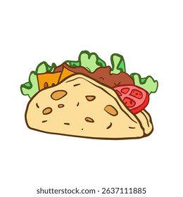 tacos delicious mexican food vector icon isolated on white background. doodle fajita tacos illustration with grilled meat, onions, salad and tomato wrapped in soft tortilla
for cafe menu design
