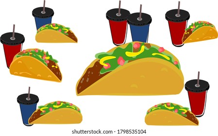 Tacos and drinks in glass, mexican street food, lunch, dinner, Vector illustration 