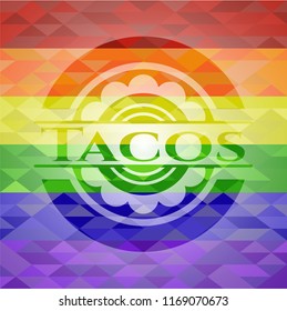 Tacos emblem on mosaic background with the colors of the LGBT flag