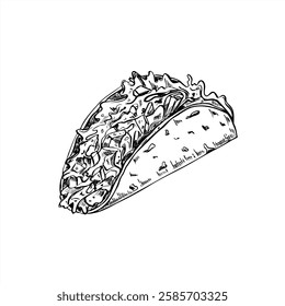 Recheio de tacos com legumes, carne grelhada, salada folhas vetor ilustração pintada por tintas pretas. Tartaruga rápida de rua embrulhar comida. gravura desenho. Tradicional mexicano levar burritos esboço.