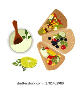 Tacos with fillings,guacamole sauce and lemon slice.Flatbread or tortillas from corn or wheat flour.Vegan dish.Delicious appetizer,mexican traditional food.Healthy breakfast.Flat vector illustration