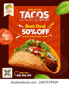 Tacos promoción de alimentos Vector de diseño post, folleto y redes sociales Anuncio post Plantilla