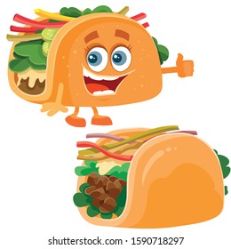 tacos food and taco character on different layers and white background, vector illustration