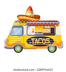 Tacos food truck vector illustration. Cartoon isolated yellow van bus with Mexican sombrero hat on top and tacos sign, window stall and wheels, side view of street market car selling hot snack