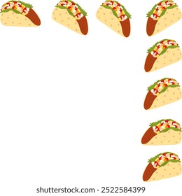 Tacos with fresh salad and sauces. Top corner frame border. Taco Day greeting template. Copy space