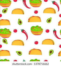 Tacos, guacamole, hot red pepper, avocado, tomato. National Mexican cuisine. Seamless pattern. Can be used as wallpaper, wrapping paper, packing, textiles
