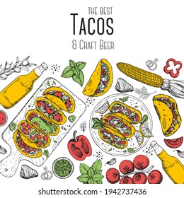 Tacos hand drawn illustration. Mexican cuisine frame. Fast food menu design elements. Tacos hand drawn frame. Mexican food.