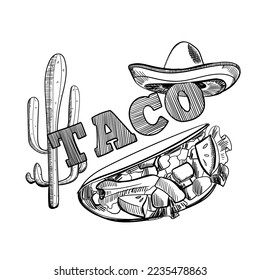 Tacos hand drawn illustration. Mexican cuisine frame. Fast food menu design elements. Tacos hand drawn frame. Mexican food. Mexican cuisine frame. Stylish design with sketch illustration.