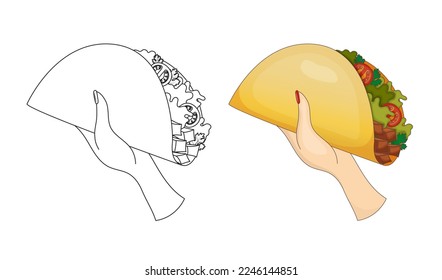 Tacos in the hand with vegetables and meat. Kids coloring book for elementary school. Traditional Mexican fasfood. Latin American Cuisine. Aromatic tortilla. Vector illustration.