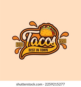 Tacos handgeschriebenes Logo, Etikett, Abzeichen, Schild, Symbol für mexikanische Speisekarte, Café-Abzeichen. Moderne Kalligraphie. Vektorgrafik. bunter, auffallendes, helles und fröhliches Logo.