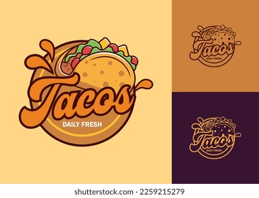 Tacos hand written lettering logo, label, badge, sign, icon emblem for mexican restaurant menu, cafe badge. Modern calligraphy. Vector illustration. colorful, eye-catching, bright and cheerful logo.