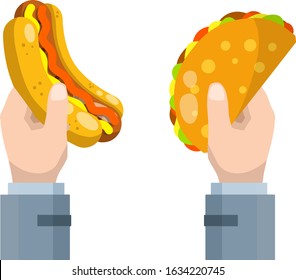 Tacos And Hot Dog. Street Junk Food. Spanish And American Meal. Hand Holding Bun, Sausage And Tortilla. Bite And Snack. Cartoon Flat Illustration