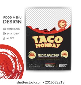 Menú de restaurante español picante Tacos o menú de comida rápida de restaurante o plantilla vectorial de volante de comida moderna con un diseño creativo que se puede usar para vender ofertas o promociones de comida. 