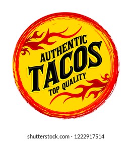 Tacos icon emblem, Grunge rubber stamp, spicy mexican style food