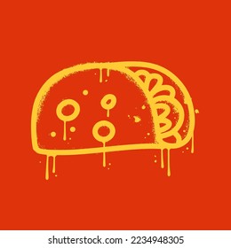 Tacos icon in urban graffiti style isolated on red background . Street fast food vector graphic silhouette with leaks and drops.