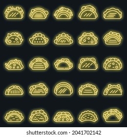 Tacos icons set. Outline set of tacos vector icons neon color on black