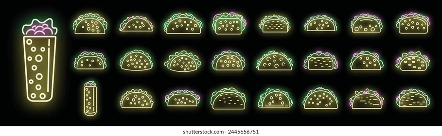 Tacos icons set outline vector. Food menu. Mexican beef neon color on black
