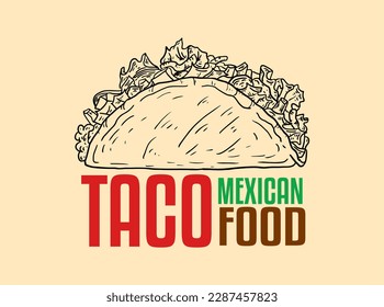 Tacos einzeln 	
Handgezeichnete Tacos-Ikone. Vectorbadge Fast-Food-Skizze für Broschüren, Banner, Speisekarte und Café