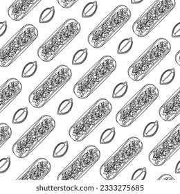 Tacos and lime seamless pattern, top view. Vector line taco icon with tomatoes, avocado, meat, pepper, onion. Hand drawn fast food in black and white color