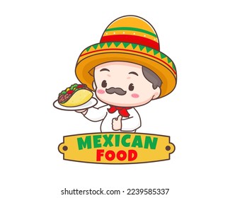 Tacos logo cartoon illustration. Cute chef wears sombrero hat holding tacos showing thumbs up. Mexican traditional street food. Adorable Mexican chef. Vector art illustration