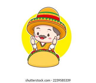 Tacos logo cartoon illustration. Cute chef wears sombrero hat holding tacos showing thumbs up. Mexican traditional street food. Adorable Mexican chef. Vector art illustration