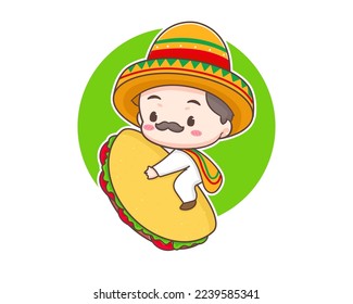 Tacos logo cartoon illustration. Cute chef wears sombrero hat holding tacos. Mexican traditional street food. Adorable Mexican chef. Vector art illustration