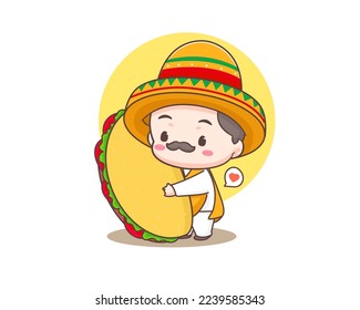 Tacos logo cartoon illustration. Cute chef wears sombrero hat holding tacos. Mexican traditional street food. Adorable Mexican chef. Vector art illustration