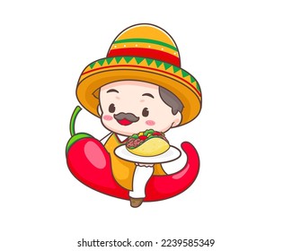 Tacos logo cartoon illustration. Cute chef wears sombrero hat holding tacos. Mexican traditional street food. Adorable Mexican chef. Vector art illustration