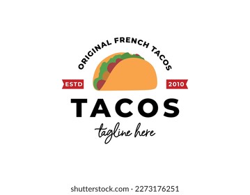 Tacos logo design vector illustration. Hot dog sausage silhouette, good for restaurant menu and cafe badge. Vintage typography logotype template.