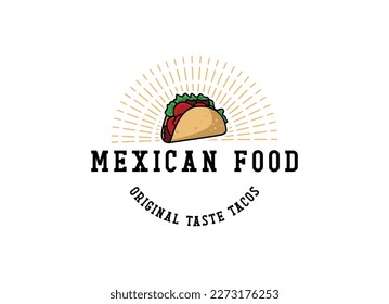 Tacos logo design vector illustration. Hot dog sausage silhouette, good for restaurant menu and cafe badge. Vintage typography logotype template.