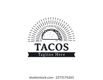 Tacos logo design vector illustration. Hot dog sausage silhouette, good for restaurant menu and cafe badge. Vintage typography logotype template.