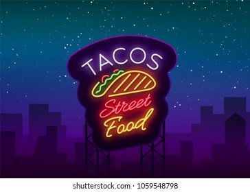 Tacos logo in neon style. Neon sign, symbol, bright billboard, nightly advertising of Mexican food Taco. Mexican street food, fast food. Vector illustration for your projects, restaurant, cafe