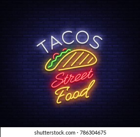 Tacos logo in neon style. Neon sign, symbol, bright billboard, nightly advertising of Mexican food Taco. Mexican street food, fast food. Vector illustration for your projects, restaurant, cafe