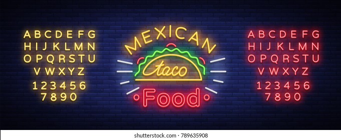 Logotipo de tacos em estilo néon. Sinal de néon, cartaz brilhante, publicidade noturna de comida mexicana Taco. Comida mexicana de rua. Ilustração vetorial para seus projetos, restaurante, café. Edição do sinal de néon de texto