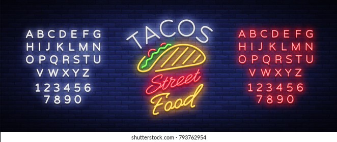 Tacos logo in neon style. Neon sign, bright billboard, nightly advertising of Mexican food Taco. Mexican street food. Vector illustration for your projects, restaurant, cafe. Editing text neon sign