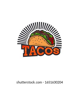 Tacos logo vector illustration. Taco sausage silhouette, good for restaurant menu and cafe badge. Vintage typography emblem design.