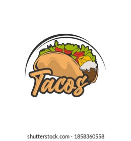 Tacos logo vector illustration. Taco sausage silhouette, good for restaurant menu and cafe badge. Vintage typography emblem design.