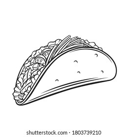Tacos con ilustración vectorial de contorno de carne y verduras. Gastronomía tradicional mexicana rápida.