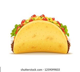 Tacos with meat and vegetable. Traditional mexican fast-food. Taco Mexico food with tortilla, leaves lettuce, cheese, tomato, forcemeat, sauce. Isolated white background. EPS10 vector illustration.