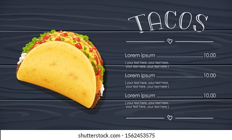 Tacos with meat and vegetable. Traditional mexican fast-food. Taco Mexico food with tortilla, leaves lettuce, cheese, tomato, forcemeat, sauce. Wooden background. Eps10 vector illustration.