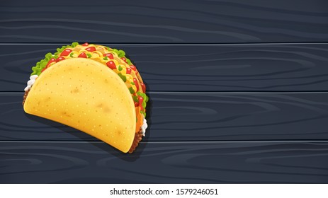 Tacos with meat and vegetable. Traditional mexican fast-food. Taco Mexico food with tortilla, leaves lettuce, cheese, tomato, forcemeat, sauce. Wooden background. Eps10 vector illustration.