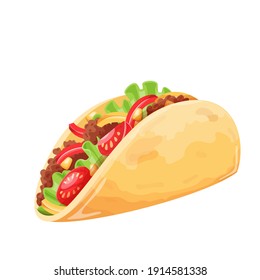 Tacos with meat and vegetable. Traditional mexican fast food. Vector illustration.