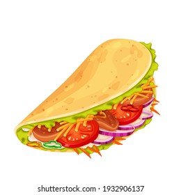 Tacos with meat and vegetable. Traditional mexican fast food. Vector illustration.