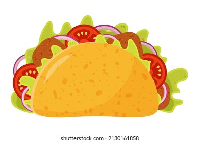 Tacos with meat and vegetable. Traditional mexican fast-food. Taco Mexico food with tortilla, leaves lettuce, tomato, forcemeat, bow.