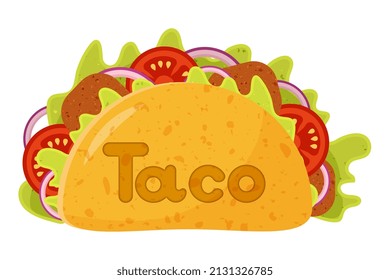 Tacos with meat and vegetable. Traditional mexican fast-food. Taco Mexico food with tortilla, leaves lettuce, tomato, forcemeat, bow.